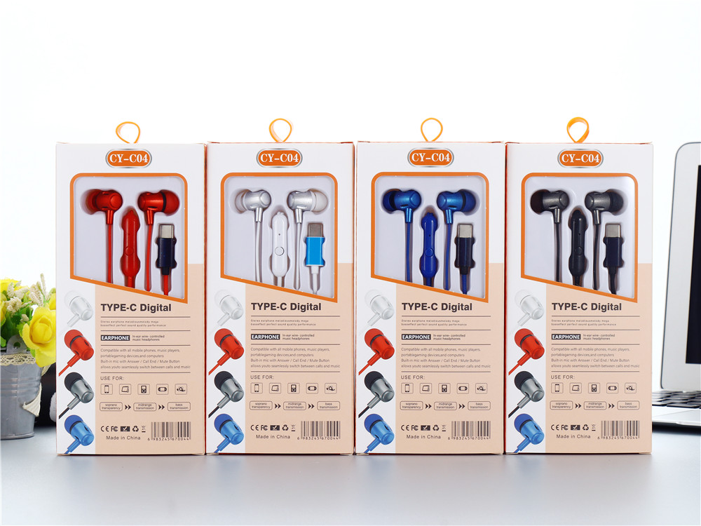 High Quality CY-C04 Wired Earphones In-Ear Stereo Sports Headset with Mic and Bass Type C Music Headphones Running Key Control