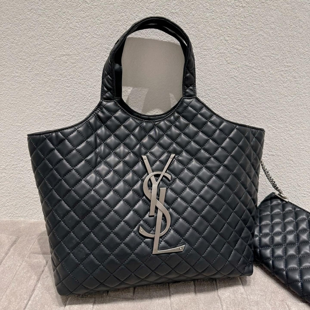 Saint Laurent Icare Shopping Bag In Quilted Silver Hardware Black 40Cm