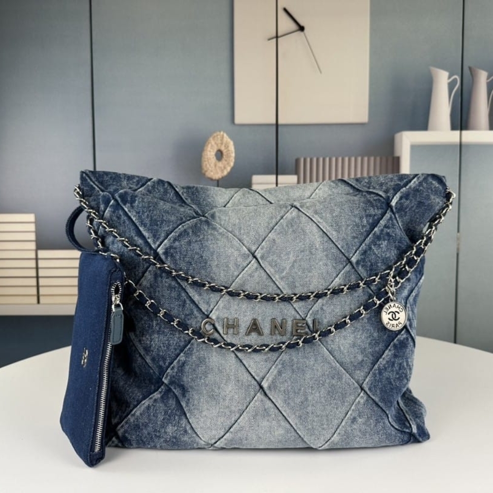 Chanel 22 Handbag Washed Denim Silver Tone Metal Blue 41Cm AS3261 B10439 NM981