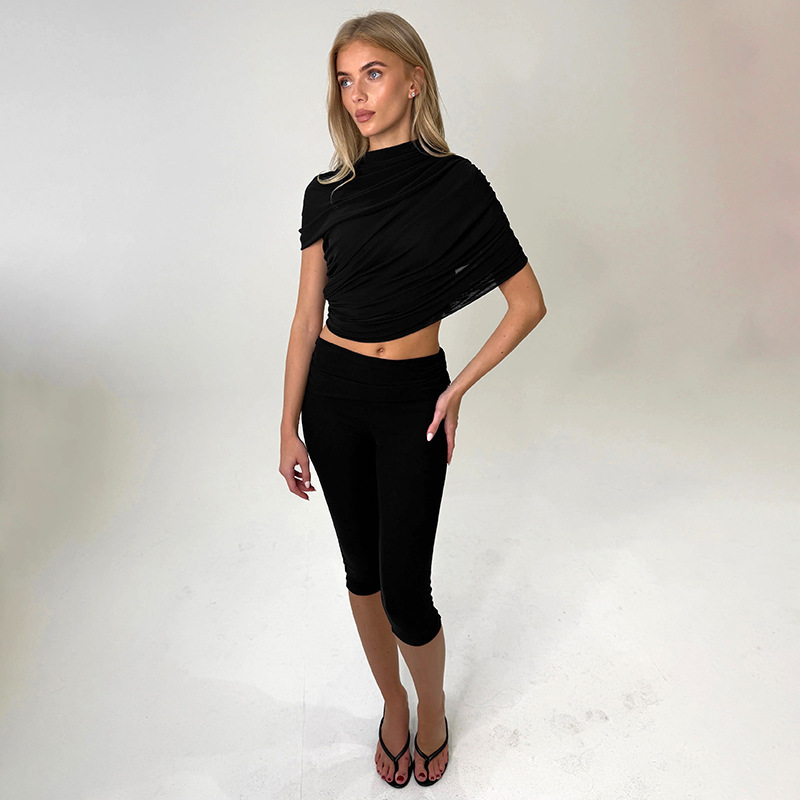 Women Spring Sexy Draped Top and Capri Pants Two-Piece Set