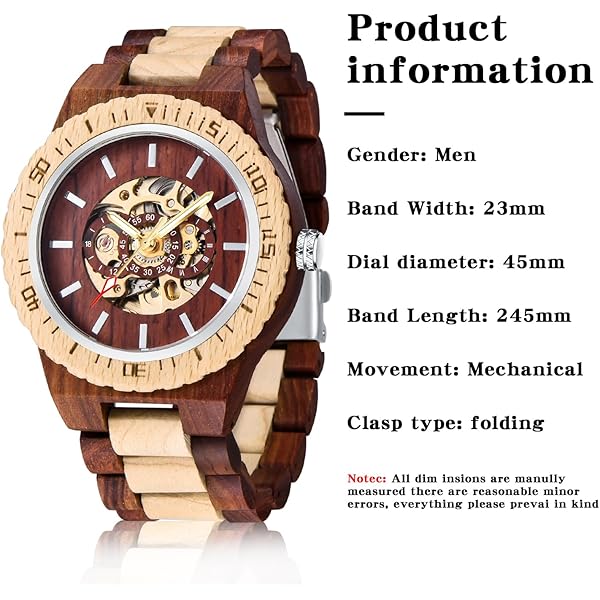 No Battery Fashion Mechanical Wooden Watch for Men, Mechanical Movement Wooden Strap Men's Watch for Father's Day, Birthday M811-red white