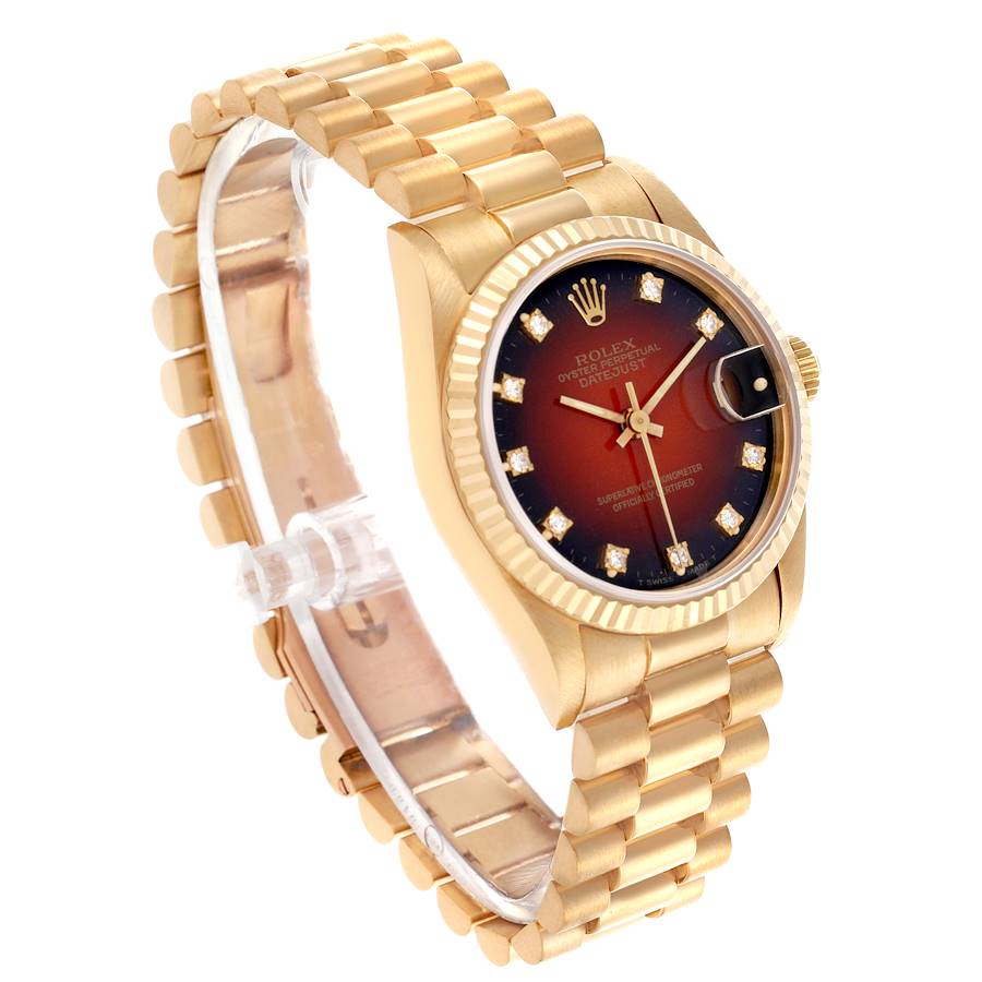 Rolex President Datejust Midsize Red Diamond Dial Yellow Gold Ladies Watch 68278