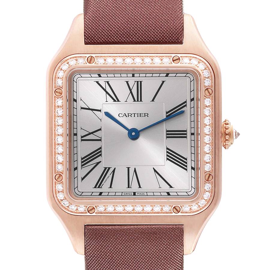Cartier Santos Dumont Rose Gold Silver Dial Diamond Mens Watch WJSA0018