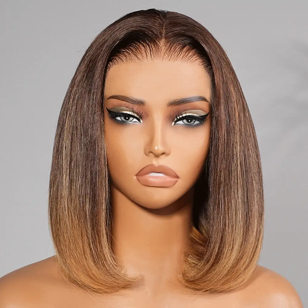 Megalook Bogo Free 13x5 Pre-All Glueless Brown Ombre Straight Bob invisible knots Breathable Cap Beginner Friendly