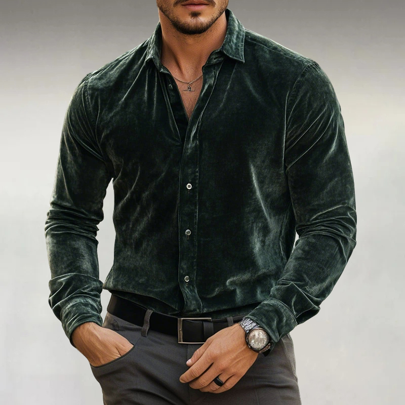 Men's Dark Blue Velvet Single Breasted Turndown Collar Long Sleeve Shirt