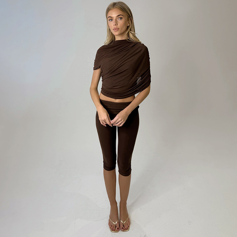 Women Spring Sexy Draped Top and Capri Pants Two-Piece Set