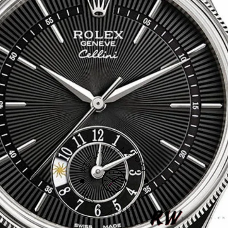 Rolex Cellini Dual Time 50529 Black Dial Brown Leather Strap 39mm Mens Replica Watch