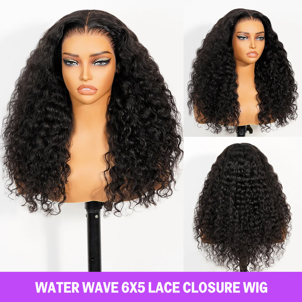 Megalook 6x5 Invisible Knots Glueless Water Wave Wigs Realistic Hairline Natural Black Beginner Friendly