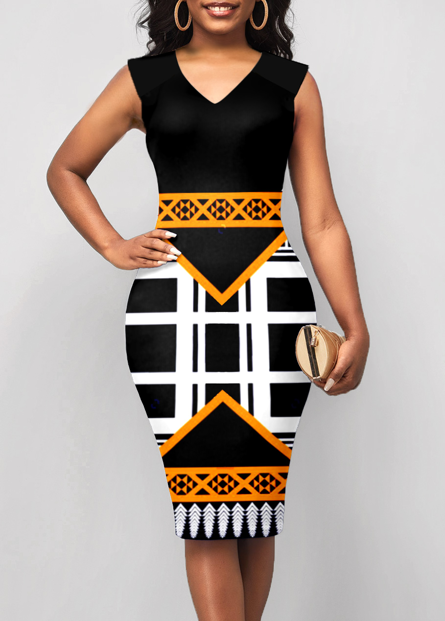 Sleeveless Printed V Neck Dress