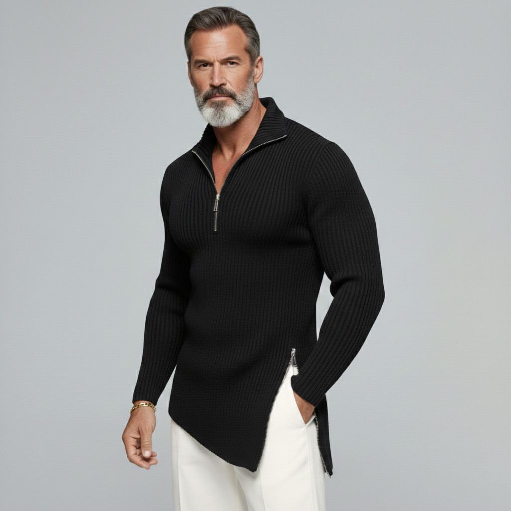 [Pre-Order] Men's Casual Black Half Zip Lapel Collar Long Sleeve Split Knit Sweaters