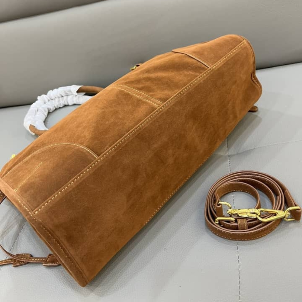 Prada Bonnie Large Suede Handbag Brown 38Cm 1Ba433 2C4S F0401 V Moo