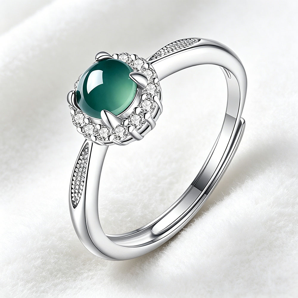 GemVibra Blue Water Jadeite Open Ring, S925 Silver with Rhinestone Halo