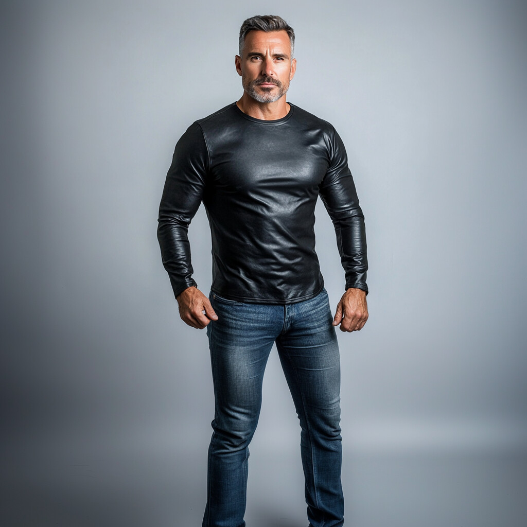 Men's Casual PU Leather Crew Neck Long Sleeve T-Shirt
