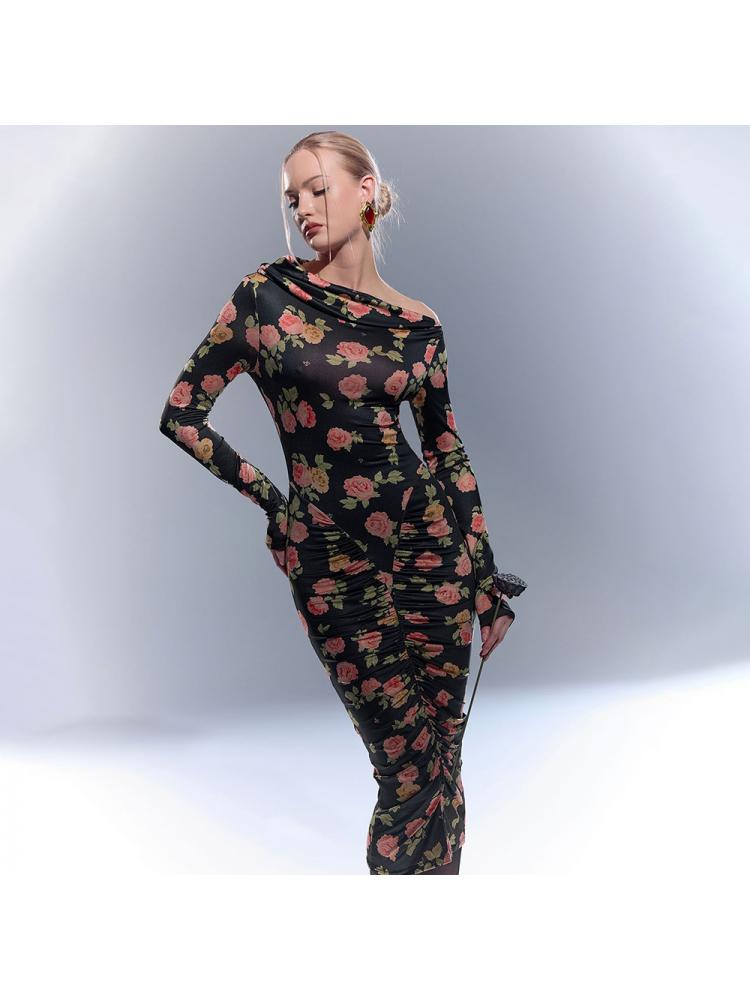 Pullover Ruched Long Sleeve Midi Dress