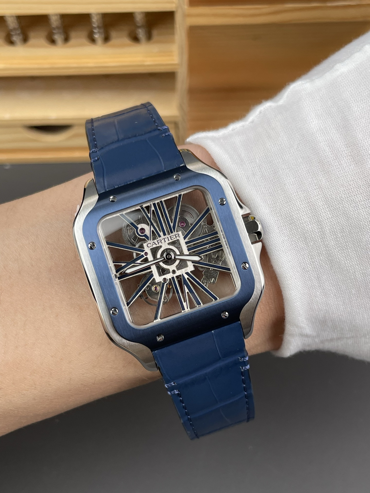 Santos Skeleton Series Leather Strap Blue Dial