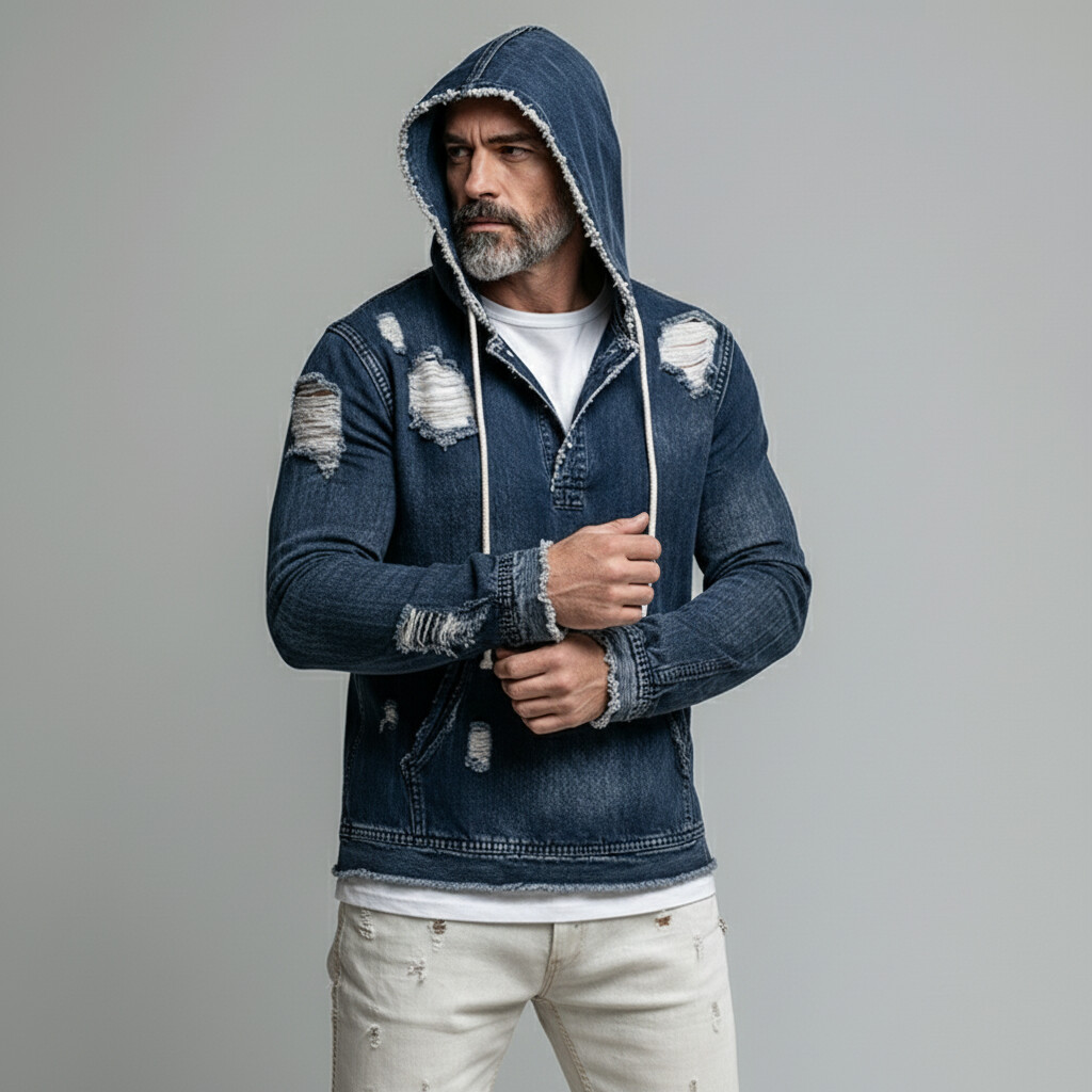 Men's Dark Blue Distressed Denim Ripped Kangaroo Pocket Long Sleeve Hoodie