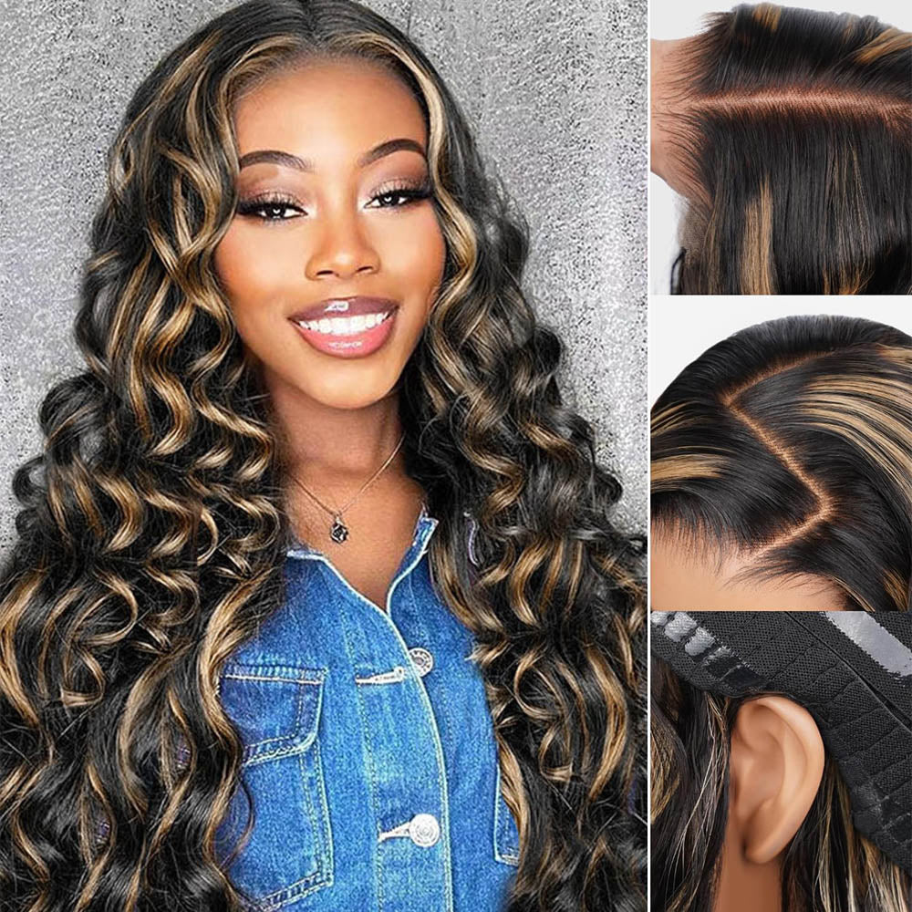 Megalook 24Inch 6x5 Invisible Knots Glueless Balayage Highlight Loose Deep Wave Wigs Realistic Hairline Beginner Friendly