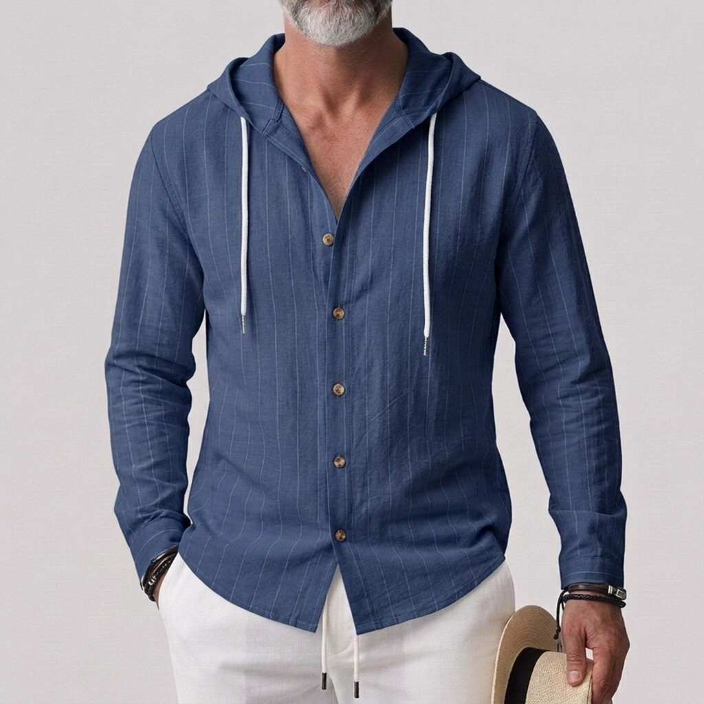 Men's Casual Striped Drawstring Hooded Single Breasted Long Sleeve Shirt