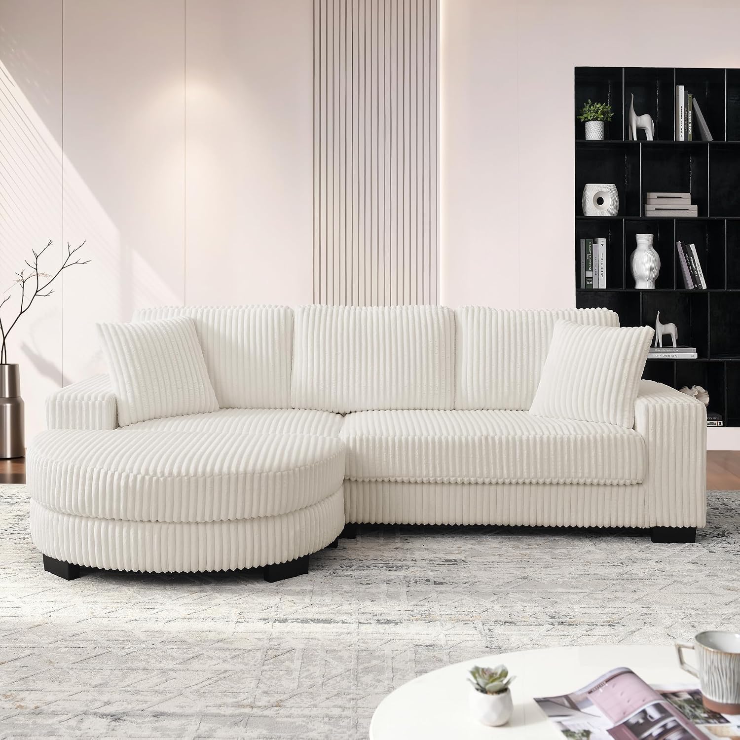 Modular Corduroy Sofa with Ottoman and Cushions