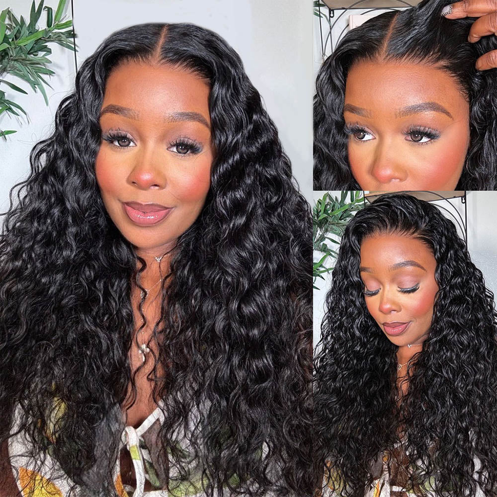 Megalook 13x6 Three-Go™ Glueless Wig 26 Inch Water Wave With Drawstring Natural Black Breathable Cap 100% Human Hair Wig