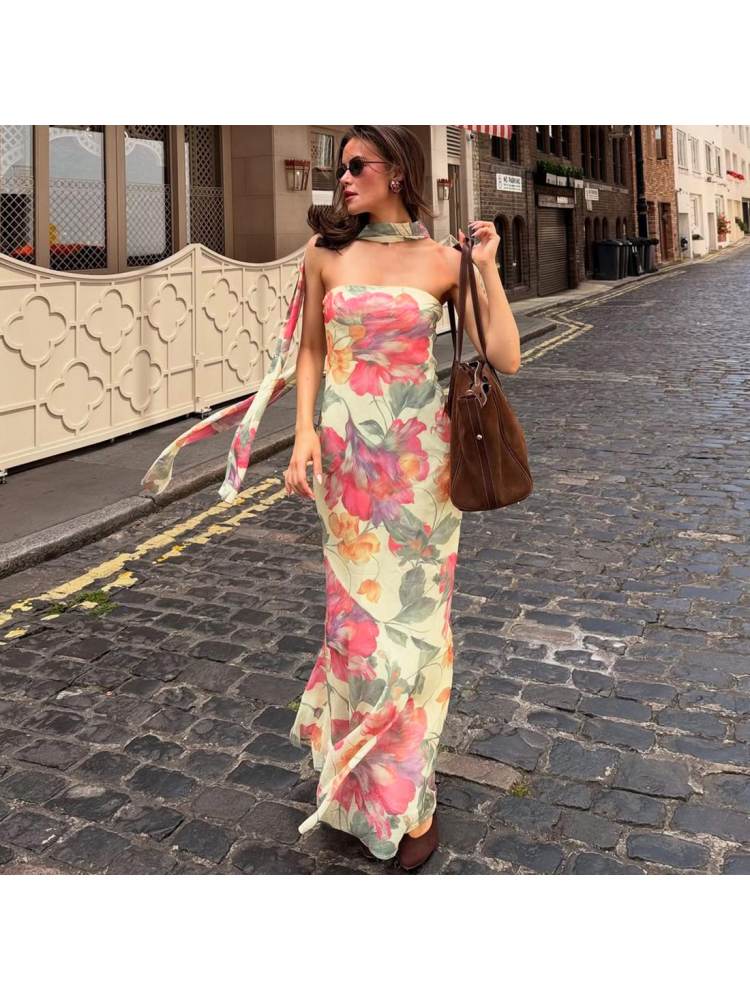 Floral Scarf Ribbons Fitted Strapless Maxi Dress
