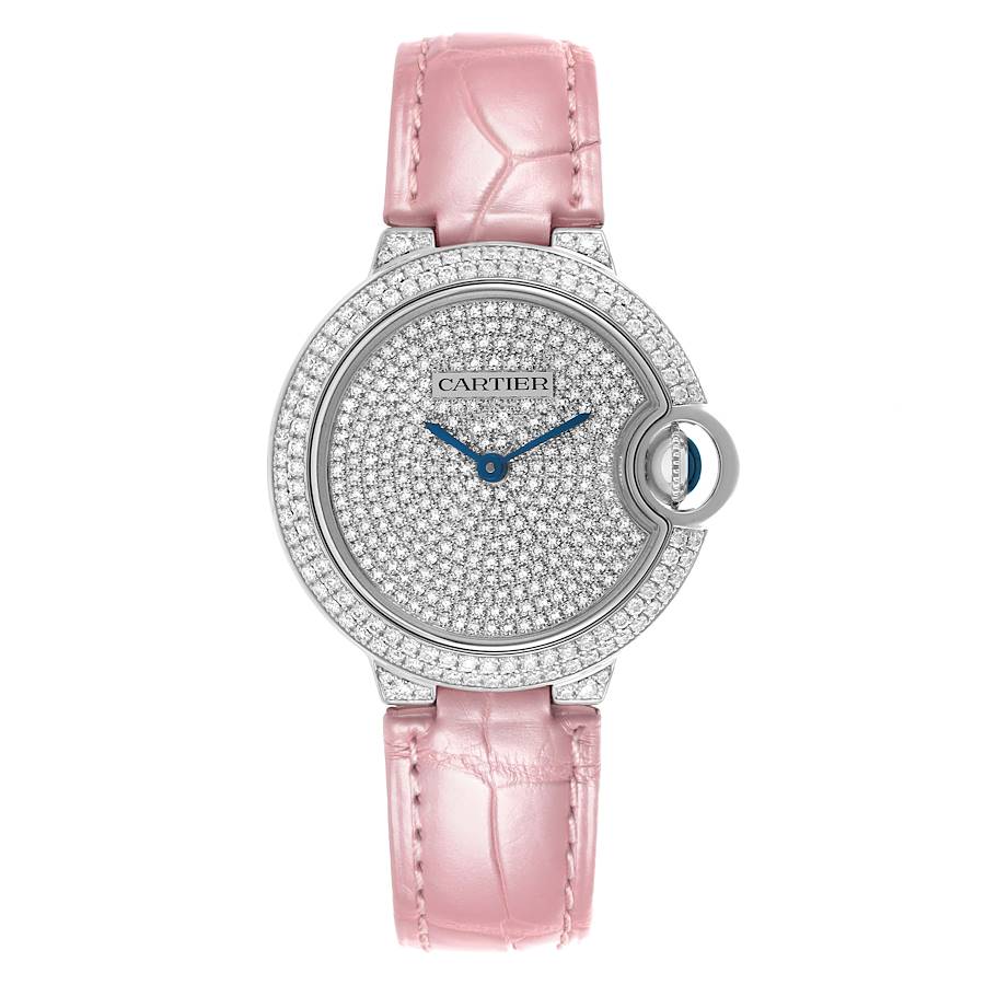Cartier Ballon Bleu 33 White Gold Pave Diamond Ladies Watch WE902047