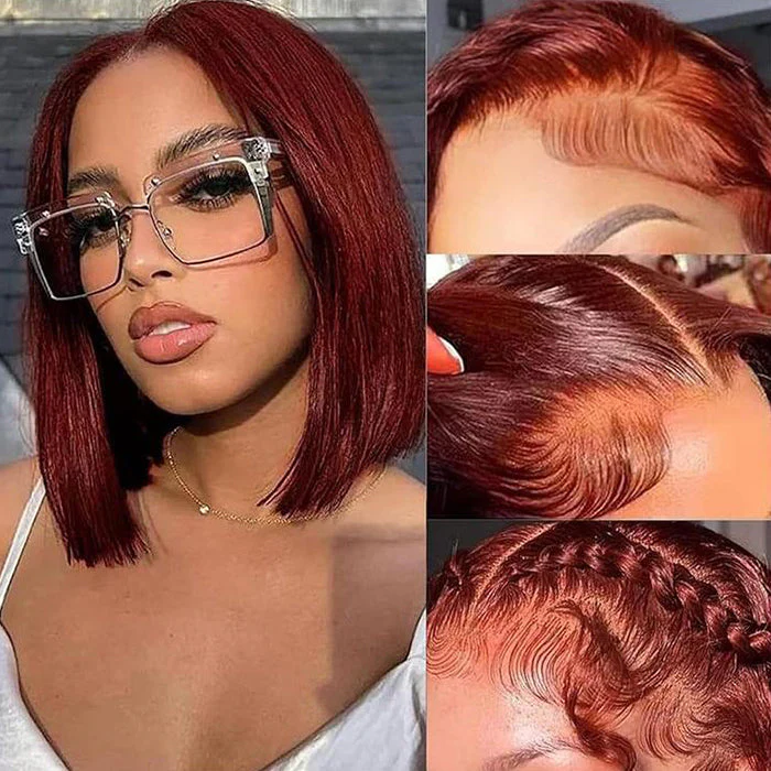 Megalook 13x4 Lace Frontal Reddish Brown Straight Bob Invisible Knots Breathable Cap