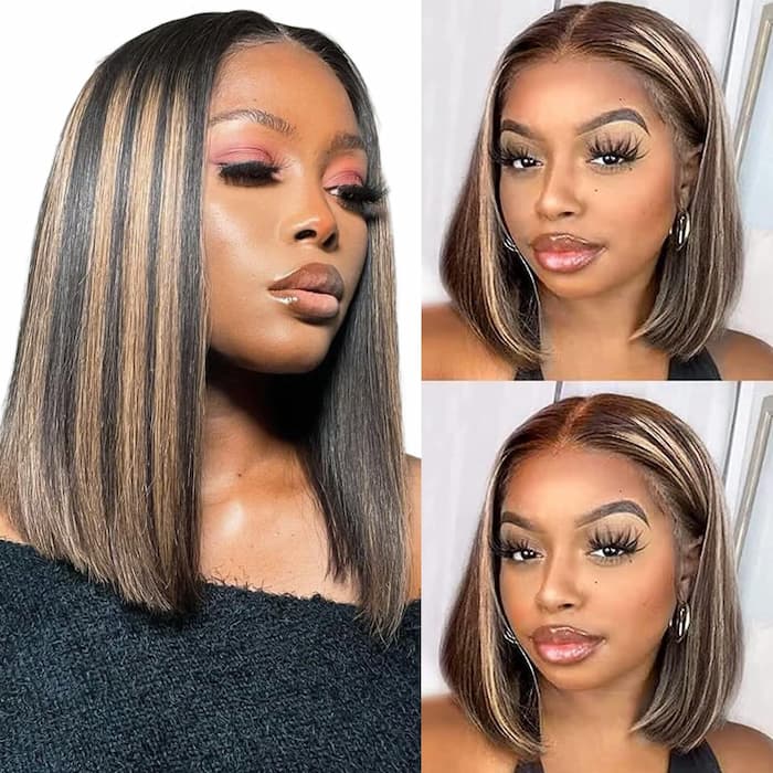 $100 OFF Code: MS100 | Balayage Colored Short Cut Bob Highlight 13x4 Lace Fontal Glueless Straight Wig