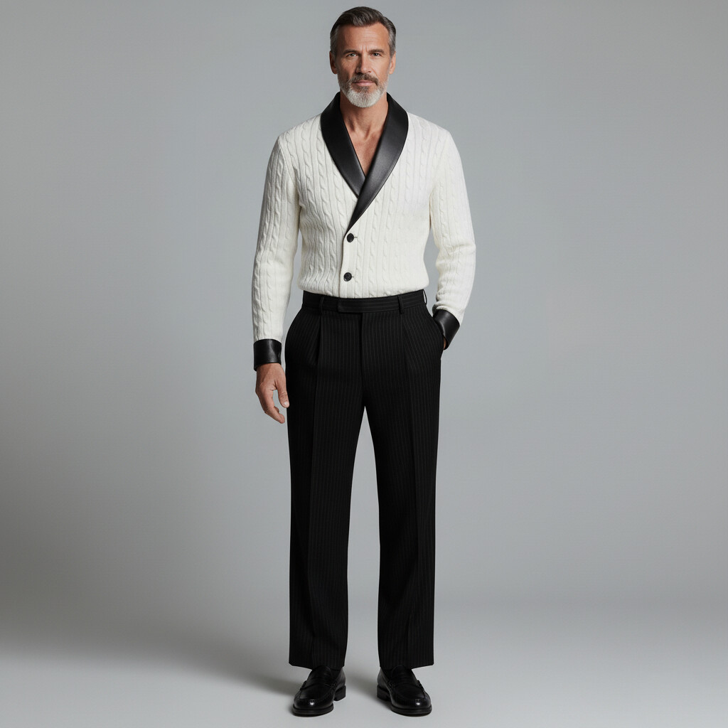 Men's White PU Leather Trim Shawl Lapel Two Button Long Sleeve Cable Knit Cardigan