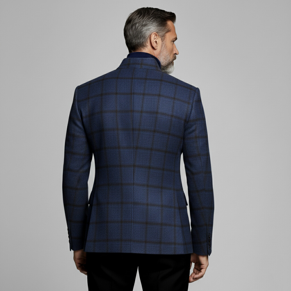 Men's Navy Blue Plaid Print Mandarin Collar Long Sleeve Asymmetrical Button Jackets