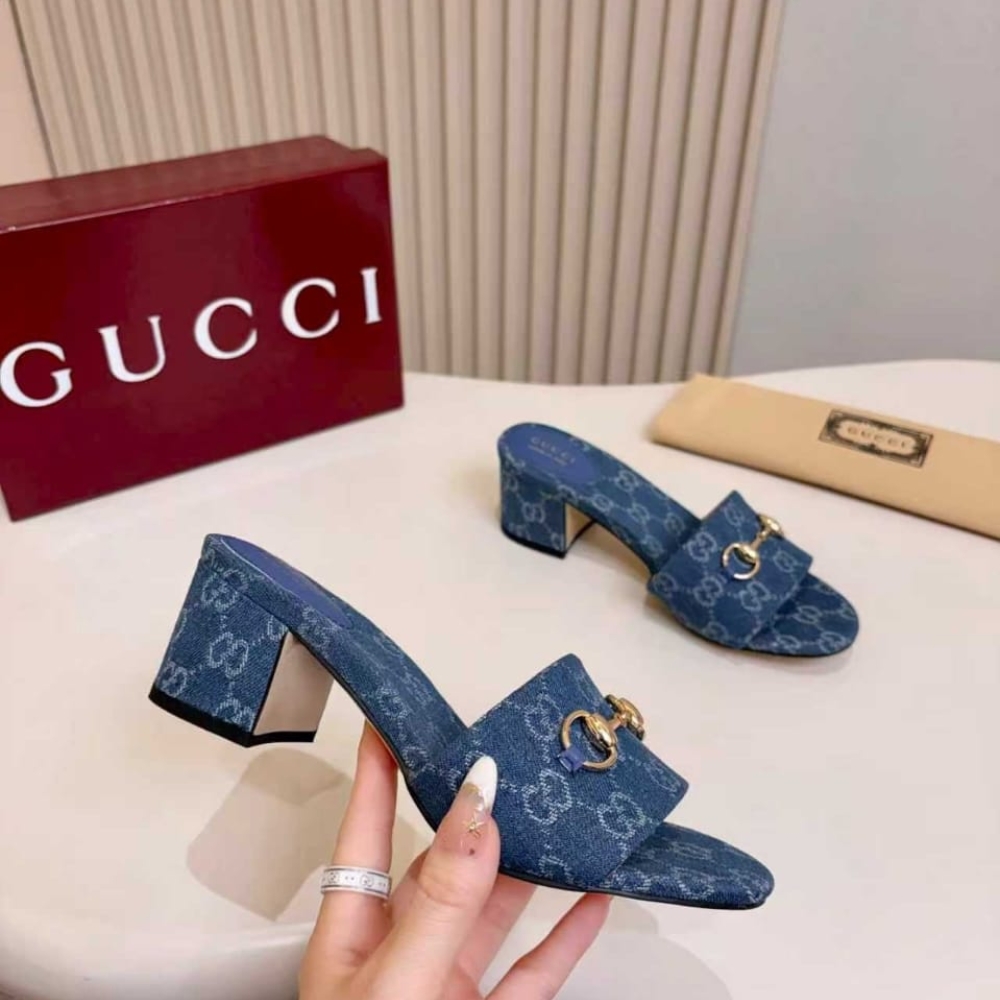 Gucci Women Slide Sandal With Horsebit Blue GG Denim 854882 FAFGT 4746