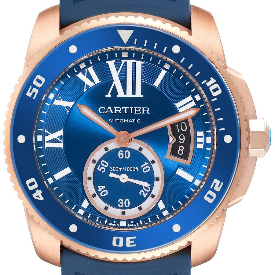 Cartier Calibre Rose Gold Blue Dial Automatic Mens Watch WGCA0010