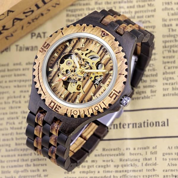 Men's Wooden Watch Triangle Skeleton Automatic Watch Mechanical Wood Watches for Men Brown