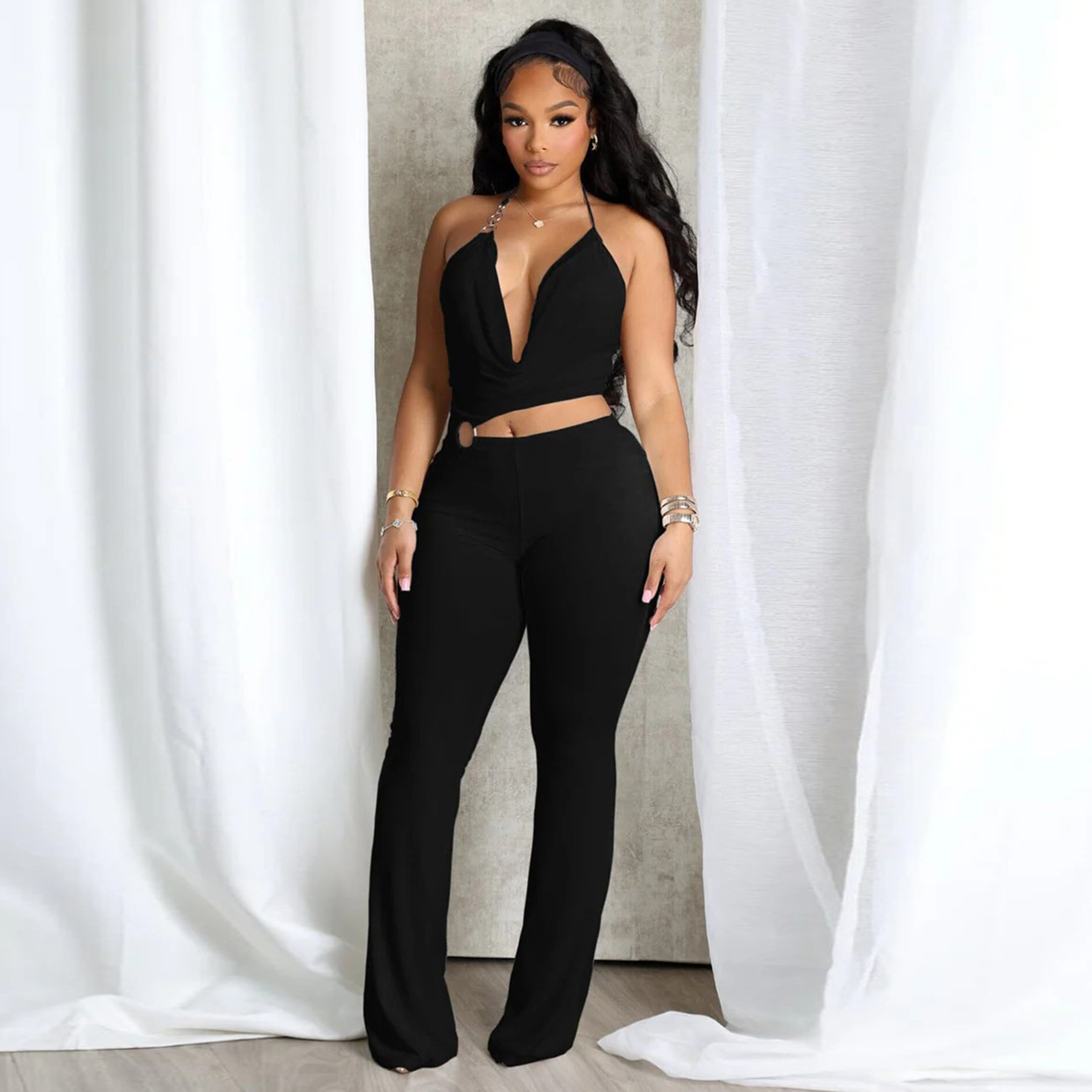 Women’s Circle-Embellished Halter Neck Open-Waist Jumpsuit