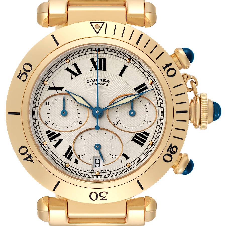 Cartier Pasha 38 Chronograph Yellow Gold Silver Dial Mens Watch W524428