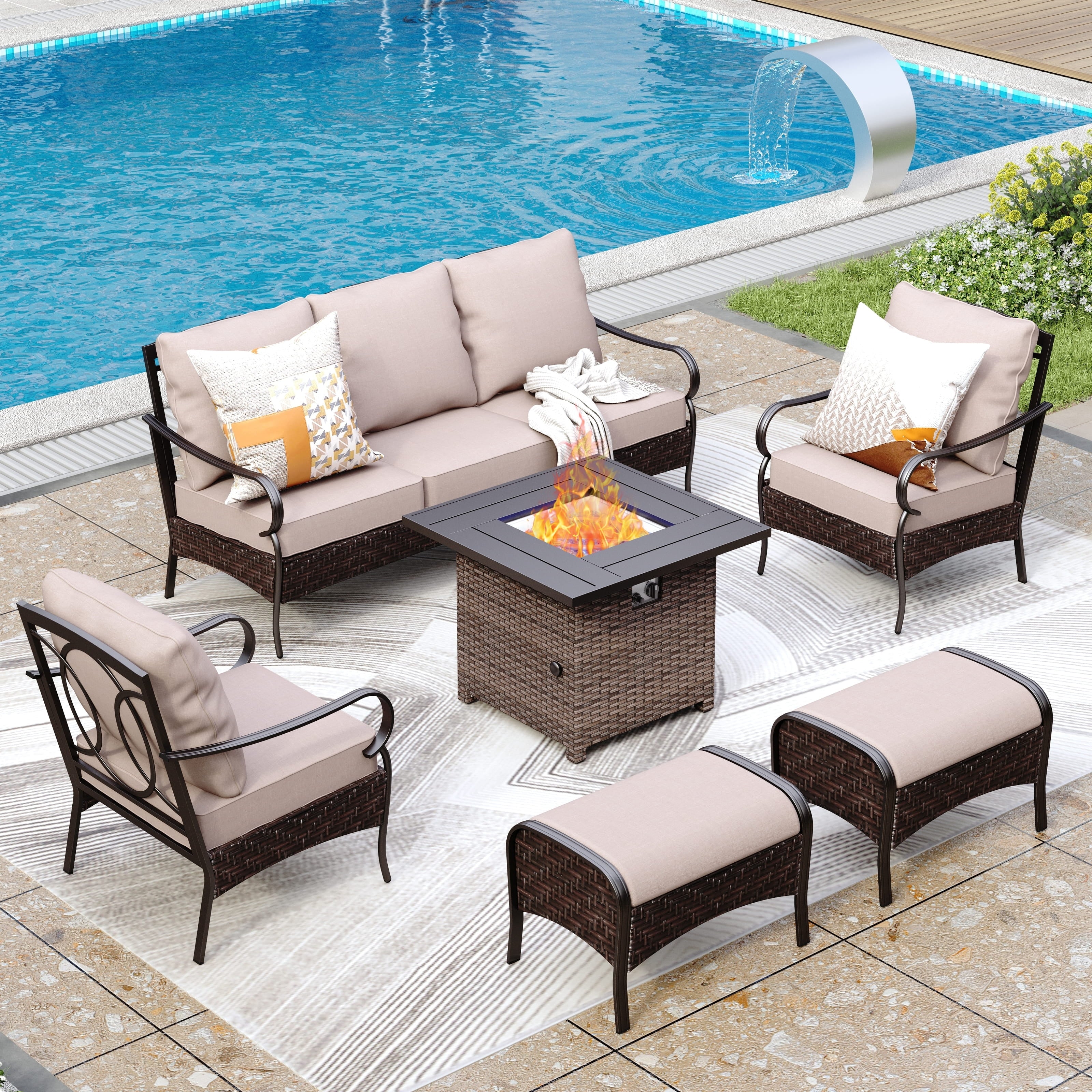 MAISON ARTS Oversized 6-Piece Outdoor Patio Set with Fire Pit - 3-Seater Sofa, 2-Seater Sofa, Swivel Chairs, Ottomans (Beige)