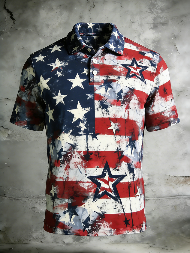Moisture Wicking 3D Gradient Color American Flag Short Sleeve Golf Polo