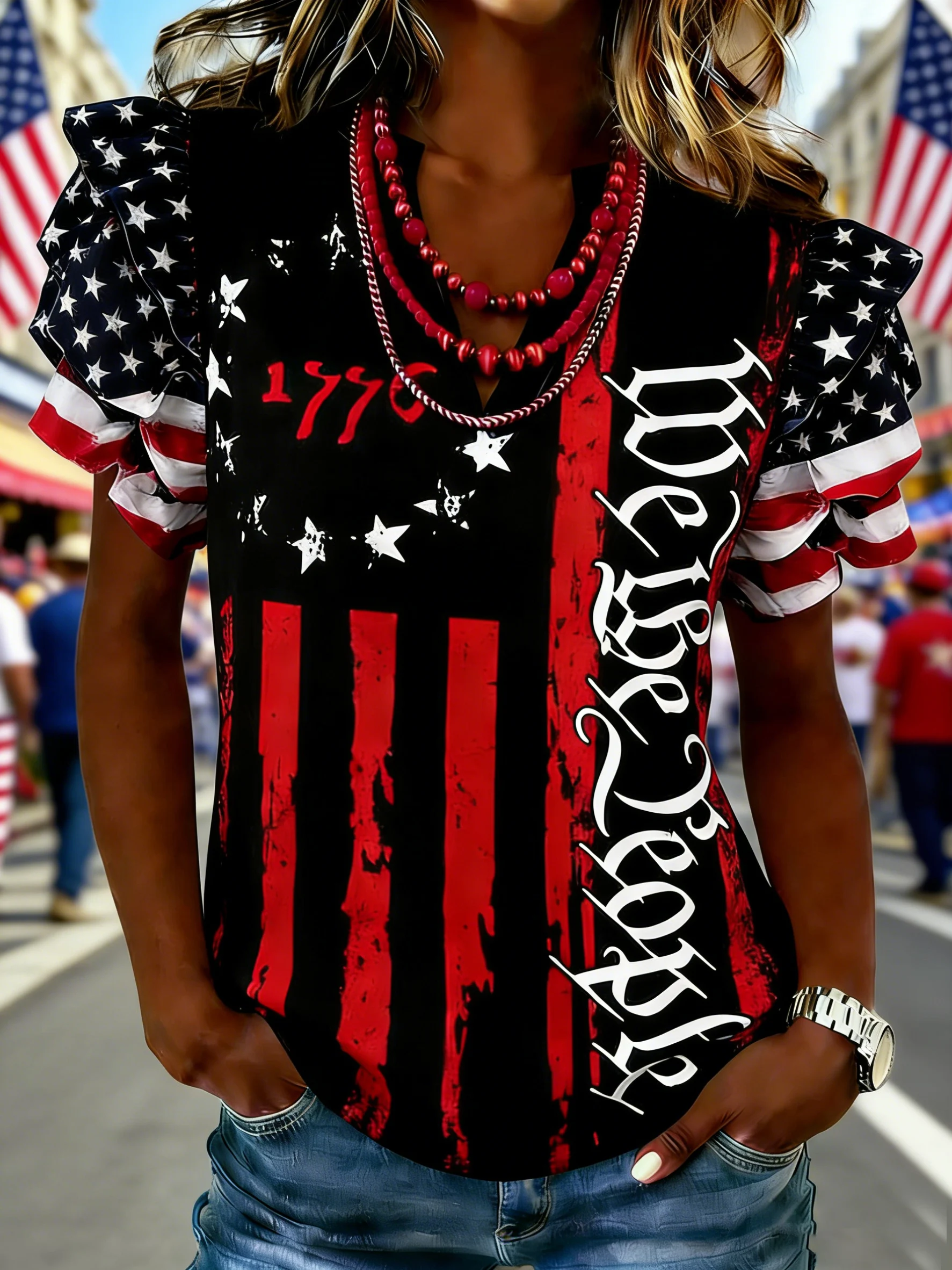 Women's patriotic 250th anniversary printed flag ruffled sleeve top