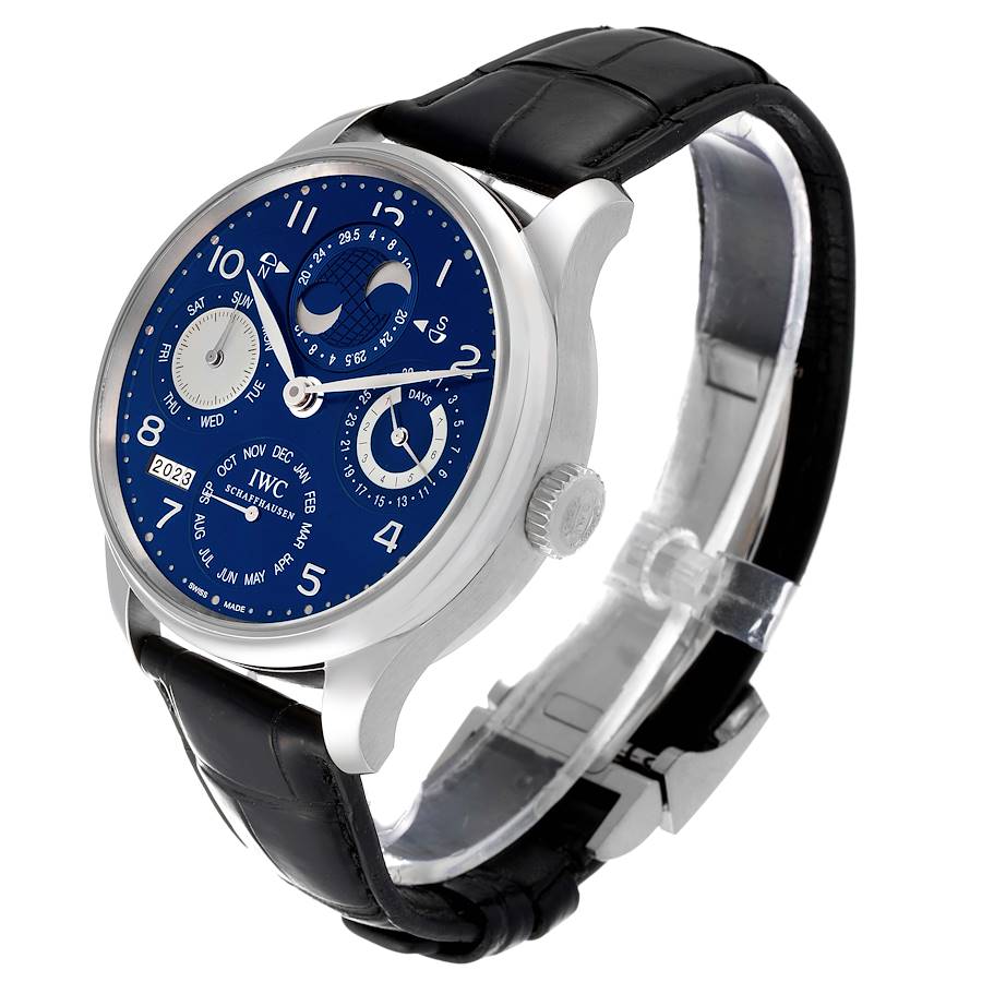 IWC Portuguese Perpetual Calendar Blue Dial White Gold Mens Watch IW503203
