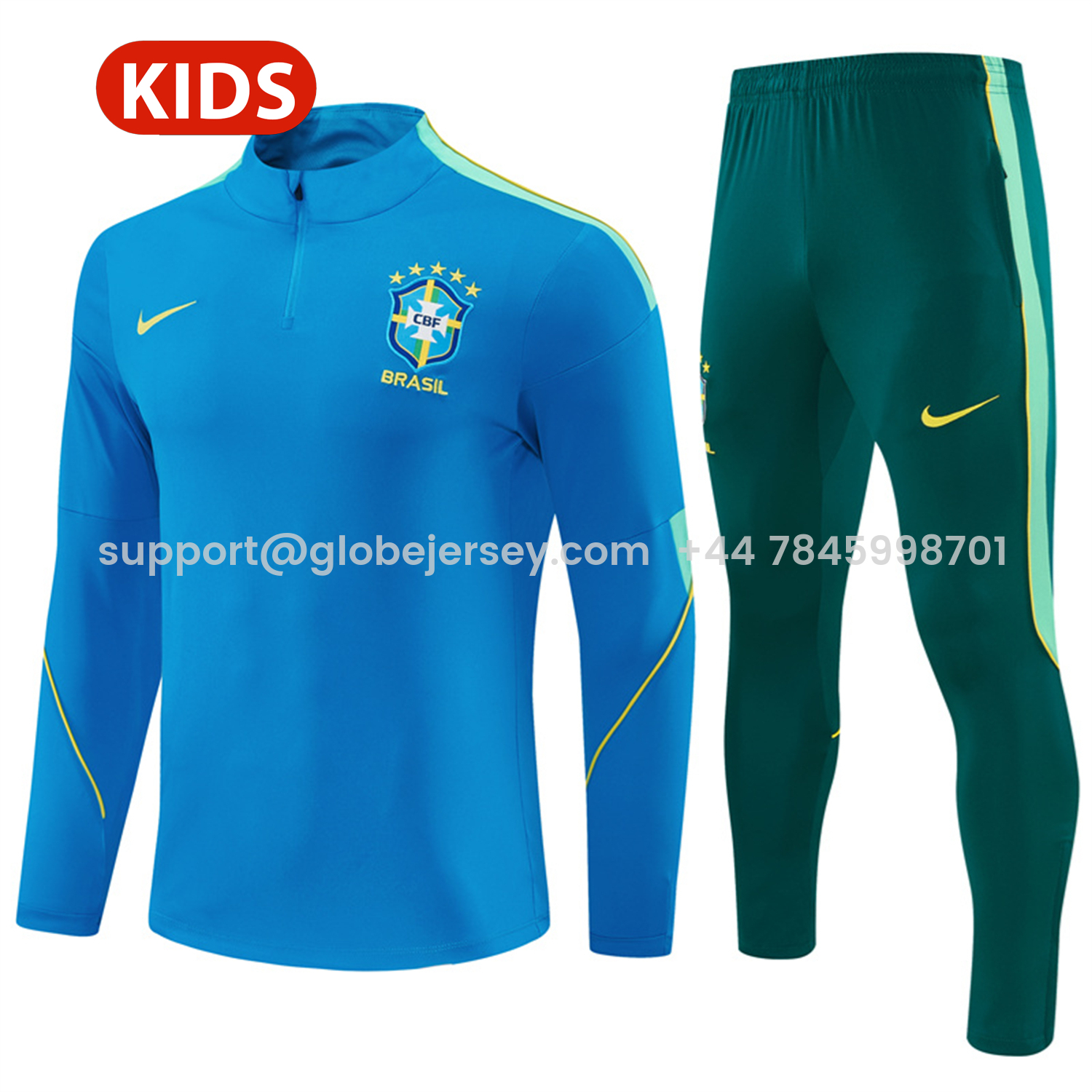 Brazil 2026 Kids Long Sleeve Training Set - Sky Blue Top & Dark Green Pants