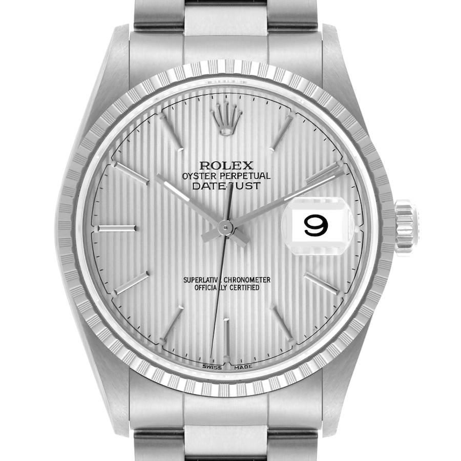 Rolex Datejust Silver Tapestry Dial Engine Turned Bezel Steel Mens Watch 16220