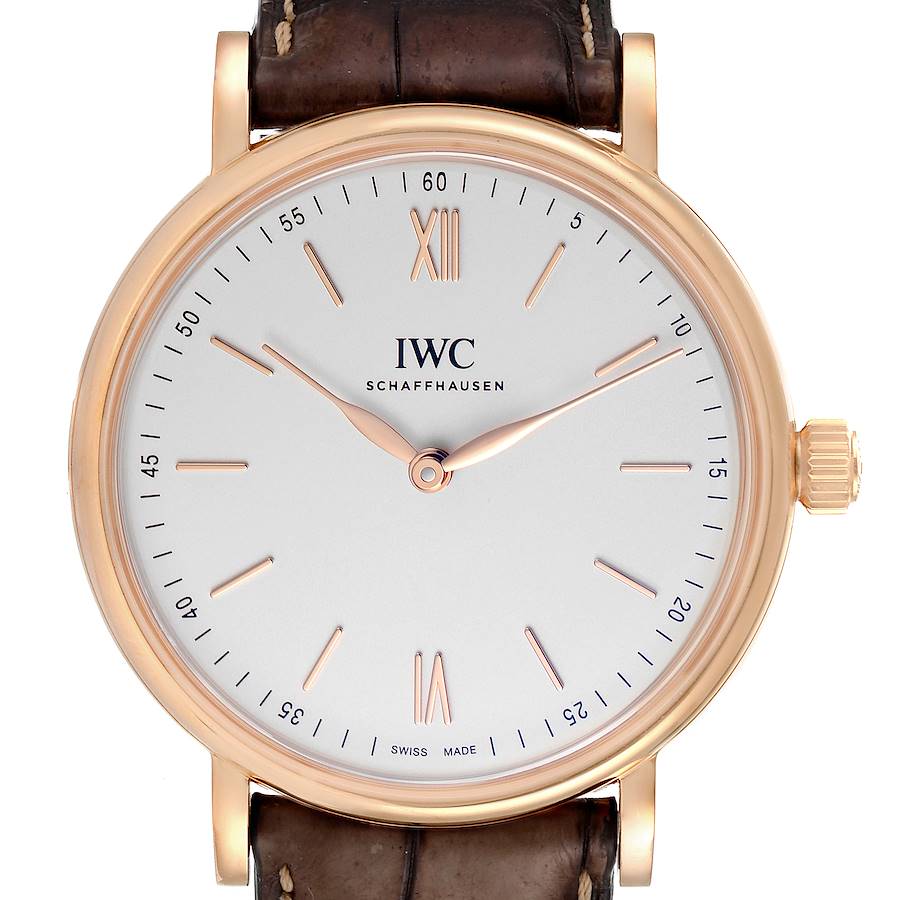IWC Portofino 18k Rose Gold Silver Dial Brown Strap Mens Watch IW511101