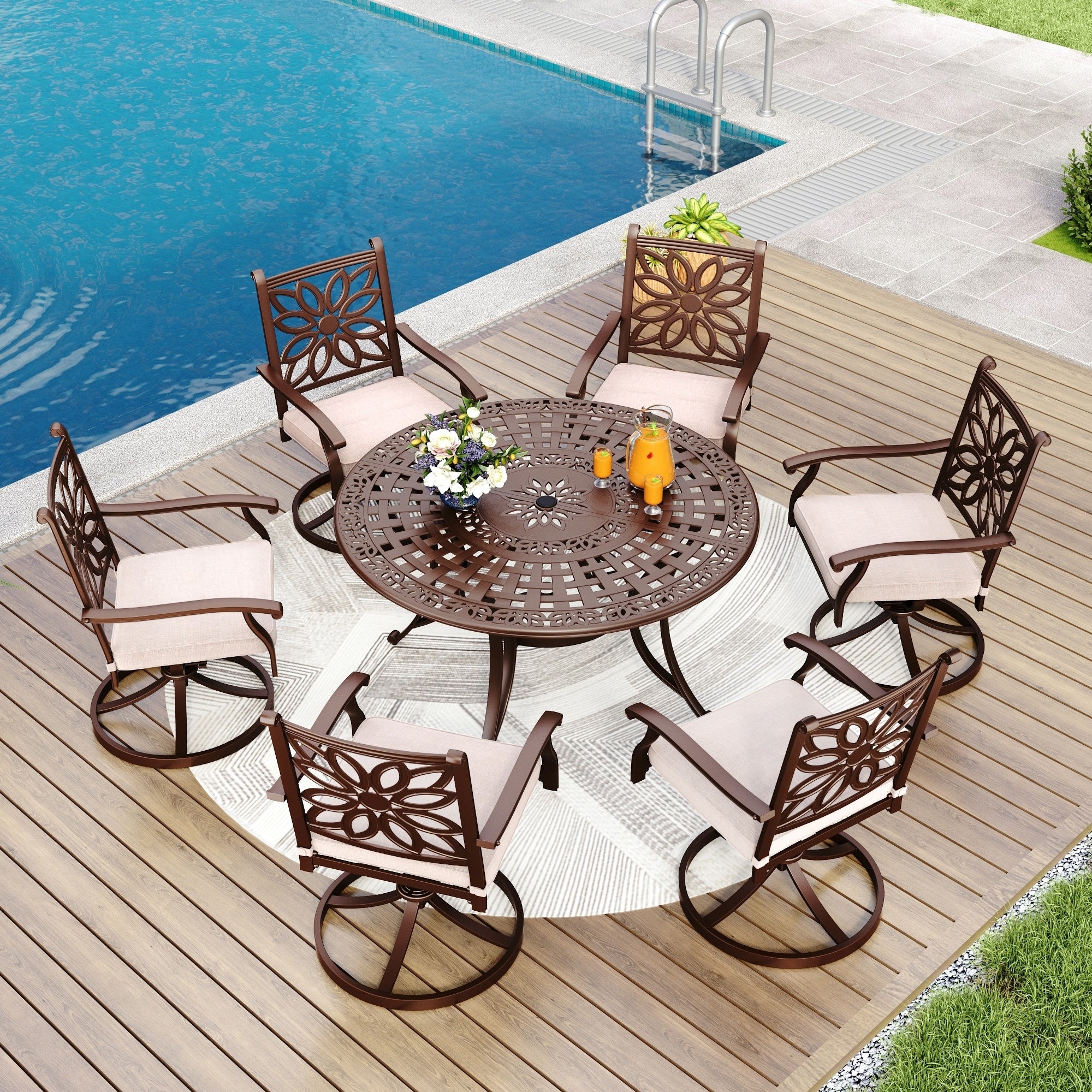 MAISON ARTS Cast Aluminum Dining Chairs/Patio Dining Set with Round Dining Table & 6 Cast Aluminum Patio Chairs