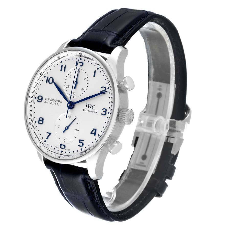 IWC Portugieser Chrono Silver Dial Blue Hands Steel Mens Watch IW371605
