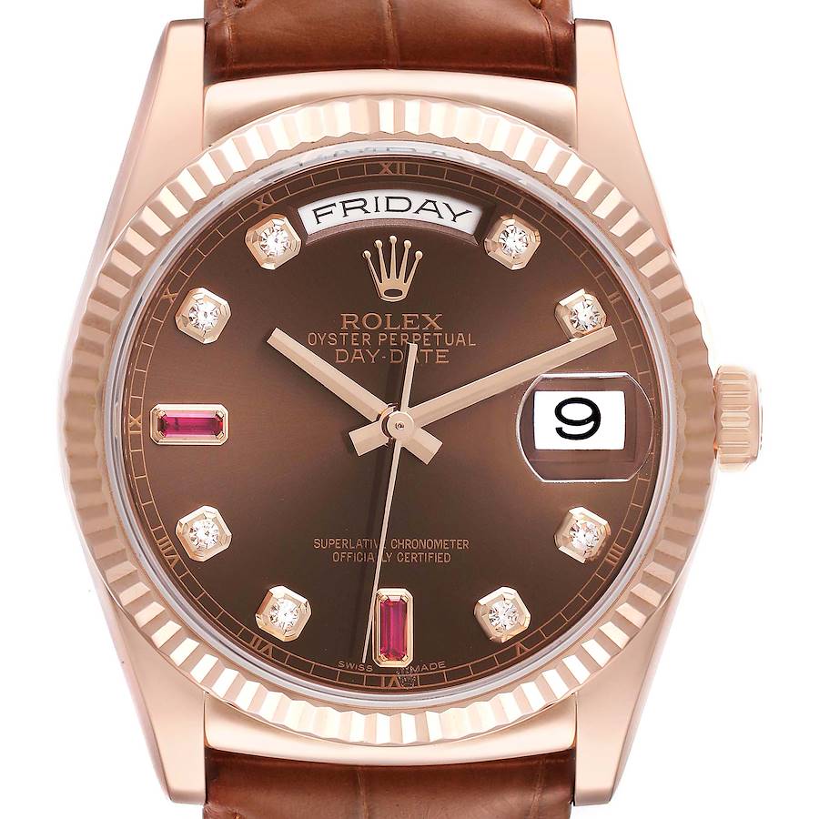 Rolex President Day Date Rose Gold Diamond Ruby Dial Mens Watch 118135