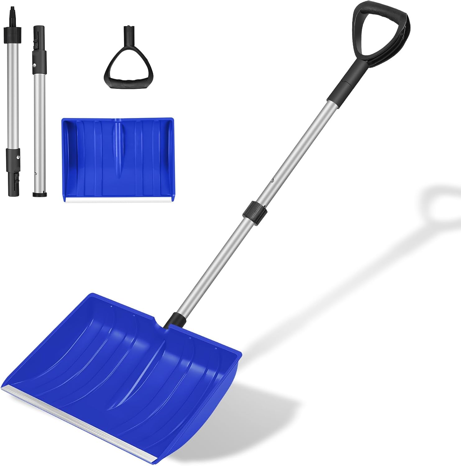Ergonomic Large Snow Shovel for Driveway: 48-Inch Dual-Lock Knob Anti-Wobble Handle, 16′′ Plastic Blade w/Metal Edge, Ultra-Light 1.9 lb, Portable Aluminum Shaft, Car, Camping & Emergency, Black
