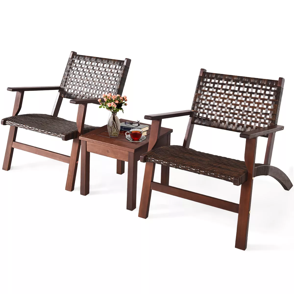 3-Piece Outdoor Rattan Bistro Set – Eucalyptus Wood Patio Furniture