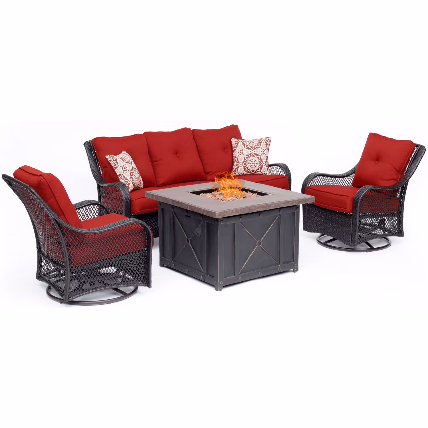 Orleans 4-Piece Woven Fire Pit Lounge Set in Avocado Green with Sofa, 2 Swivel Gliders and Durastone Fire Pit, Autumn Berry