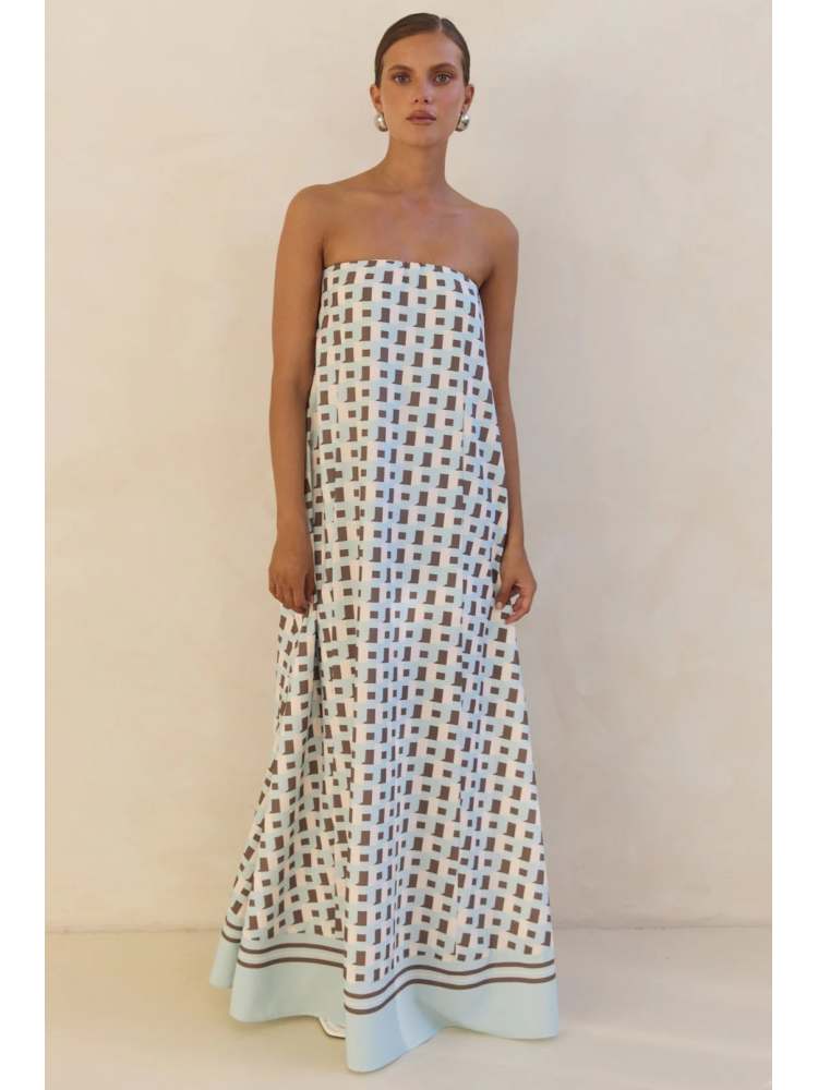 Colorblock Printed Strapless A-line Maxi Dress