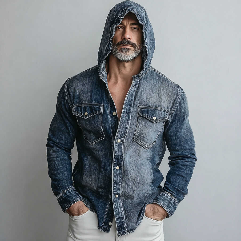 Men's Retro Chest Pockets Single Breasted Long Sleeve Denim Hooded Shirt